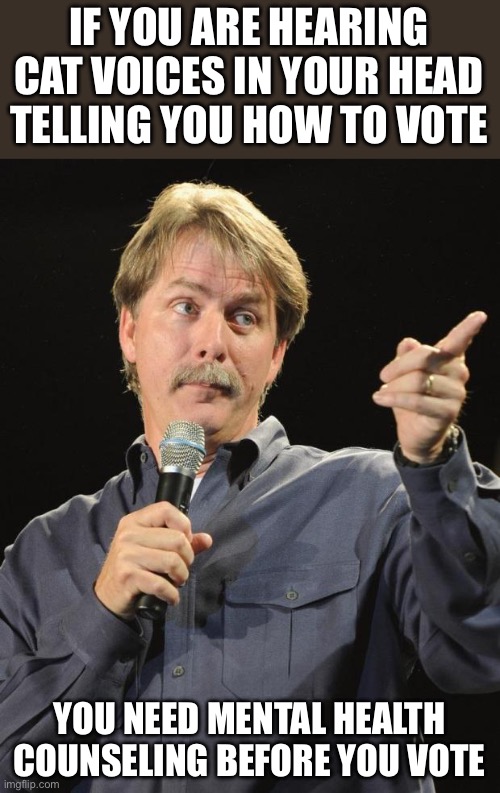 Jeff Foxworthy | IF YOU ARE HEARING CAT VOICES IN YOUR HEAD TELLING YOU HOW TO VOTE YOU NEED MENTAL HEALTH COUNSELING BEFORE YOU VOTE | image tagged in jeff foxworthy | made w/ Imgflip meme maker