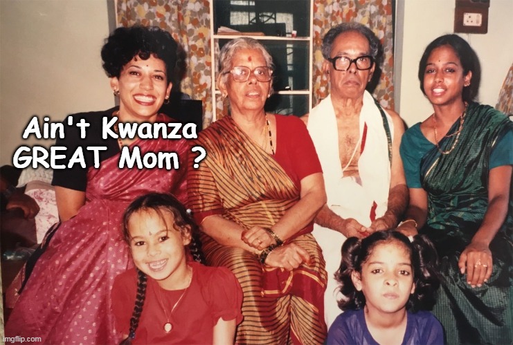 Back when she had to hide her Black Roots to get "Ahead" | Ain't Kwanza GREAT Mom ? | image tagged in indian american kamala meme | made w/ Imgflip meme maker