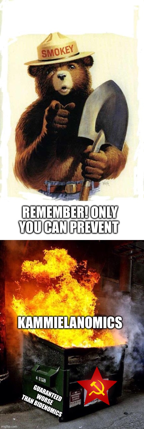 REMEMBER! ONLY YOU CAN PREVENT; KAMMIELANOMICS; GUARANTEED WORSE THAN BIDENOMICS | image tagged in smokey the bear,dumpster fire | made w/ Imgflip meme maker