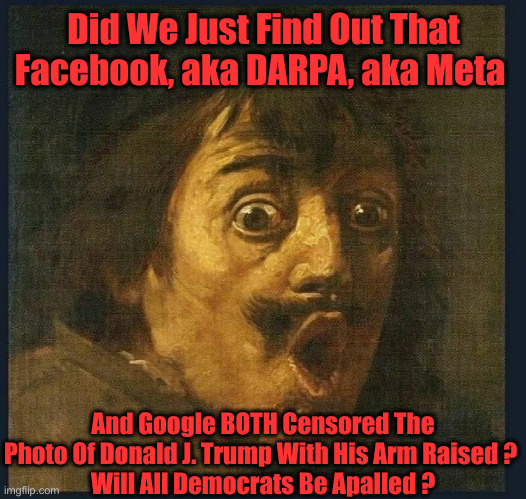 DARPA/Facebook. Look That Up | Did We Just Find Out That Facebook, aka DARPA, aka Meta; And Google BOTH Censored The Photo Of Donald J. Trump With His Arm Raised ? 
Will All Democrats Be Apalled ? | image tagged in amazed,political meme,politics,funny memes,funny | made w/ Imgflip meme maker