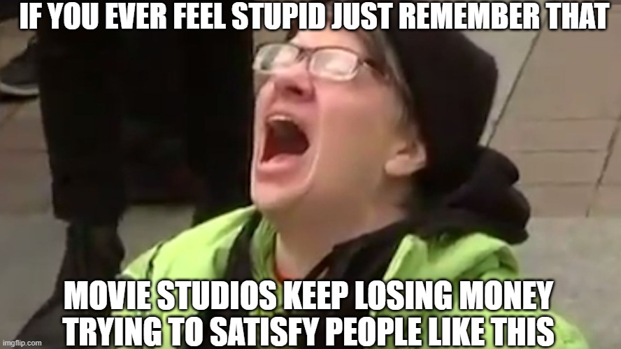 Never good enough | IF YOU EVER FEEL STUPID JUST REMEMBER THAT; MOVIE STUDIOS KEEP LOSING MONEY TRYING TO SATISFY PEOPLE LIKE THIS | image tagged in screaming liberal,politics,lol,sad but true,democrats,republicans | made w/ Imgflip meme maker