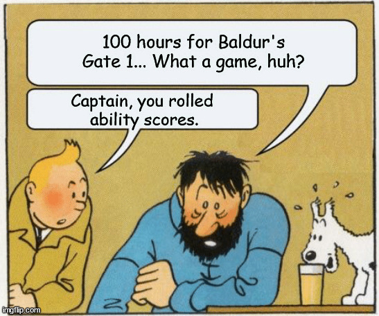 Tintin and Haddock | 100 hours for Baldur's Gate 1... What a game, huh? Captain, you rolled
 ability scores. | image tagged in tintin and haddock | made w/ Imgflip meme maker