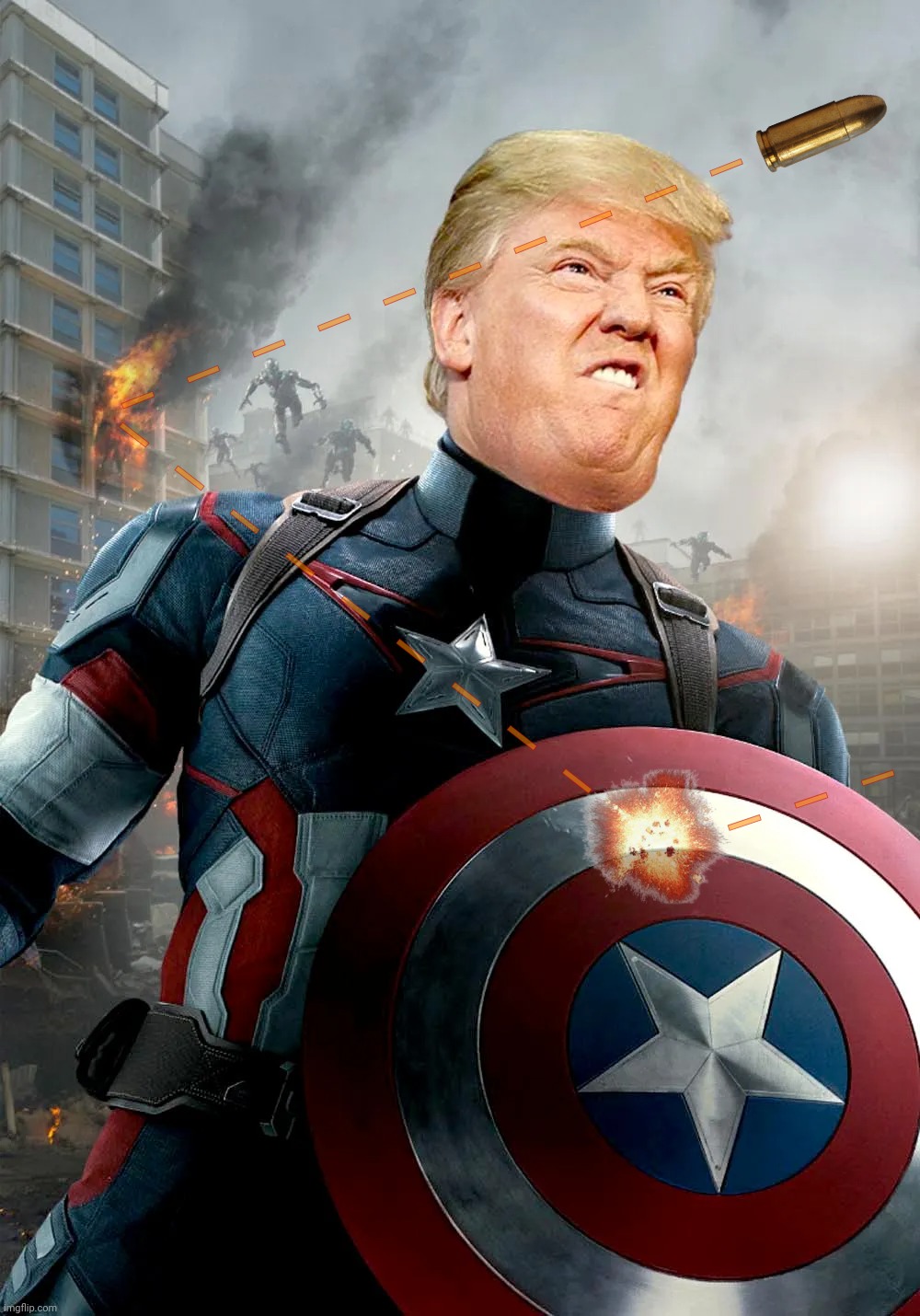 Trump superhero assassination attempt | - - - - - - - - - -; - - - - - - - - -; - - - - - - | image tagged in captain america,trump,trump superhero,superhero,assassination attempt,fauxssassination | made w/ Imgflip meme maker