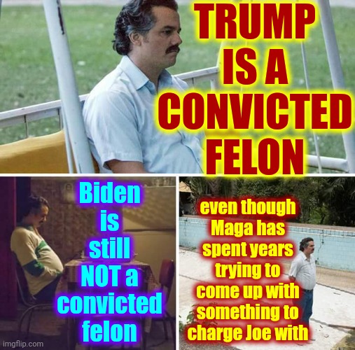 And That's The Truth | TRUMP IS A CONVICTED FELON; Biden is still NOT a convicted felon; even though Maga has spent years trying to come up with something to charge Joe with | image tagged in memes,sad pablo escobar,trump is a convicted felon,lock him up,trump unfit unqualified dangerous,trump is guilty | made w/ Imgflip meme maker