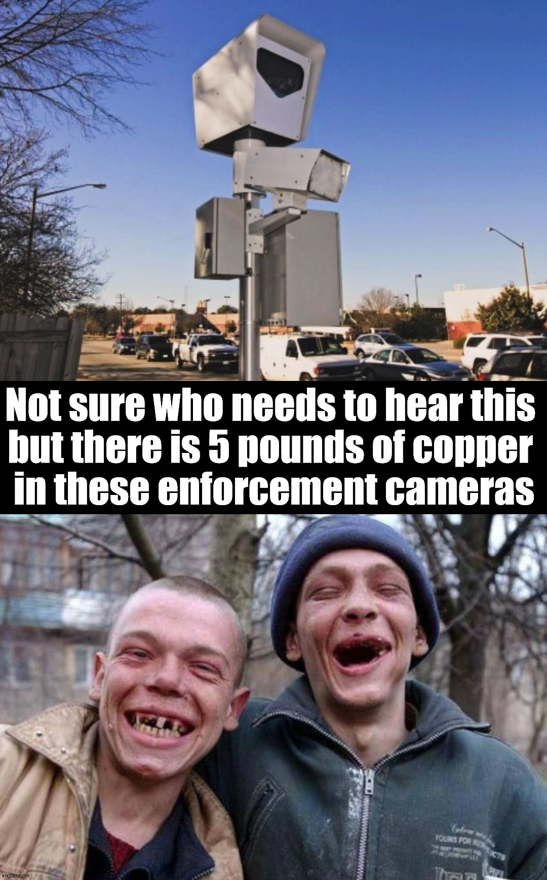 Stay away from my Catalytic Converter | Not sure who needs to hear this 
but there is 5 pounds of copper 
in these enforcement cameras | image tagged in no teeth,catalytic converter,meth,stealing | made w/ Imgflip meme maker