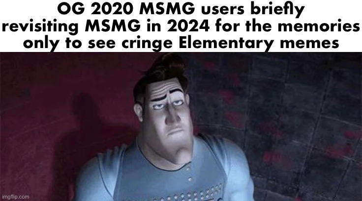 Unimpressed Metro Man | OG 2020 MSMG users briefly revisiting MSMG in 2024 for the memories only to see cringe Elementary memes | image tagged in unimpressed metro man | made w/ Imgflip meme maker