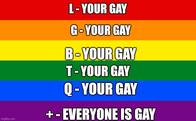 Pride flag | L - YOUR GAY; G - YOUR GAY; B - YOUR GAY; T - YOUR GAY; Q - YOUR GAY; + - EVERYONE IS GAY | image tagged in pride flag | made w/ Imgflip meme maker