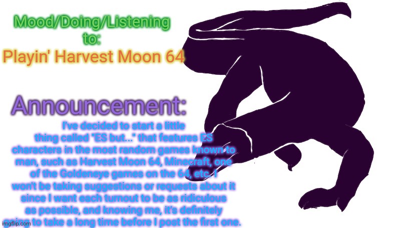 They finally turned off the fans | Playin' Harvest Moon 64; I've decided to start a little thing called "ES but..." that features ES characters in the most random games known to man, such as Harvest Moon 64, Minecraft, one of the Goldeneye games on the 64, etc. I won't be taking suggestions or requests about it since I want each turnout to be as ridiculous as possible, and knowing me, it's definitely going to take a long time before I post the first one. | image tagged in violet monitor anno temp | made w/ Imgflip meme maker