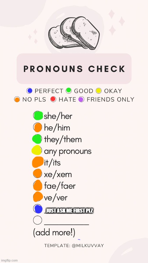 pronoun check | JUST ASK ME FIRST PLZ | image tagged in pronoun check | made w/ Imgflip meme maker