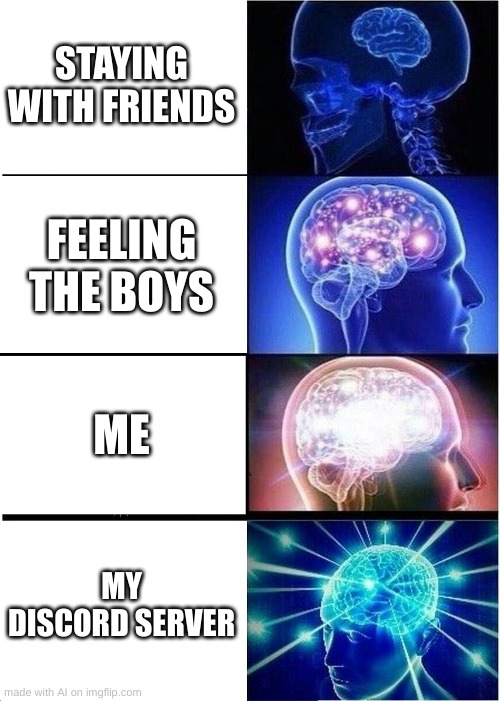 Expanding Brain | STAYING WITH FRIENDS; FEELING THE BOYS; ME; MY DISCORD SERVER | image tagged in memes,expanding brain | made w/ Imgflip meme maker