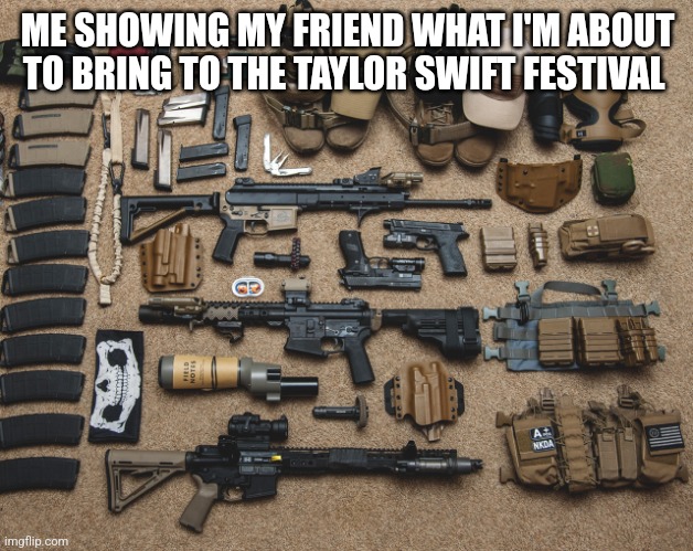 Guns | ME SHOWING MY FRIEND WHAT I'M ABOUT TO BRING TO THE TAYLOR SWIFT FESTIVAL | image tagged in realistic | made w/ Imgflip meme maker