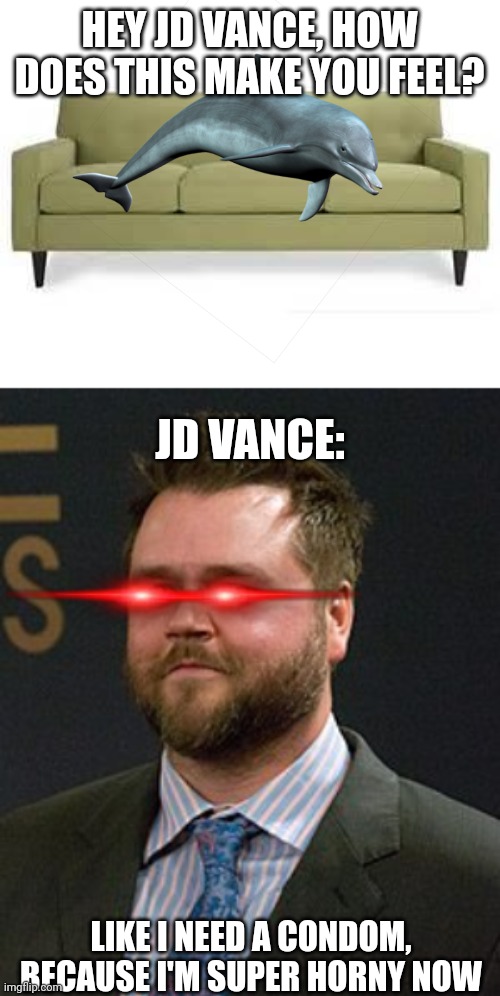 What JD Vance Gets Hard For | HEY JD VANCE, HOW DOES THIS MAKE YOU FEEL? JD VANCE:; LIKE I NEED A CONDOM, BECAUSE I'M SUPER HORNY NOW | image tagged in couch,jd vance,dolphin,horny,condom,erection | made w/ Imgflip meme maker