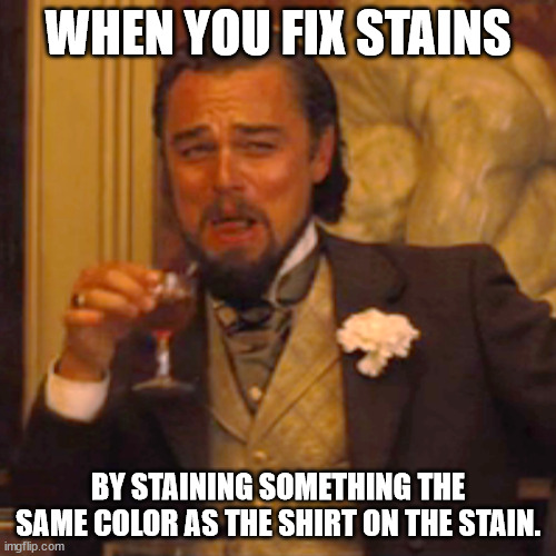 Why Did Nobody Think of Doing this?! | WHEN YOU FIX STAINS; BY STAINING SOMETHING THE SAME COLOR AS THE SHIRT ON THE STAIN. | image tagged in memes,laughing leo,stain,genius,infinite iq,smort | made w/ Imgflip meme maker