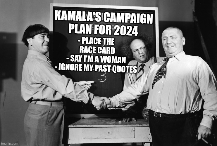 Nothing to Run On | KAMALA'S CAMPAIGN
PLAN FOR 2024; - PLACE THE 
 RACE CARD
- SAY I'M A WOMAN
- IGNORE MY PAST QUOTES | image tagged in three stooges chalkboard,leftists,democrats,liberals,marxism,harris | made w/ Imgflip meme maker