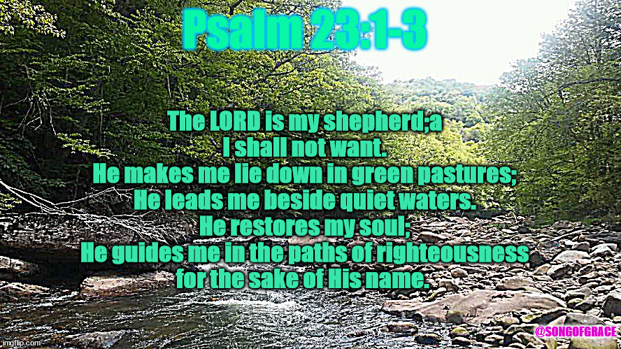 Psalm 23:1-3 | Psalm 23:1-3; The LORD is my shepherd;a
I shall not want.
He makes me lie down in green pastures;
He leads me beside quiet waters.
He restores my soul;
He guides me in the paths of righteousness
for the sake of His name. @SONGOFGRACE | image tagged in wv mountain stream | made w/ Imgflip meme maker