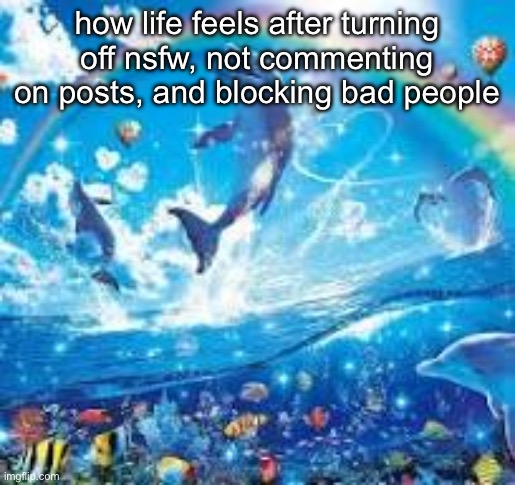 How life feels when: | how life feels after turning off nsfw, not commenting on posts, and blocking bad people | image tagged in how life feels when | made w/ Imgflip meme maker