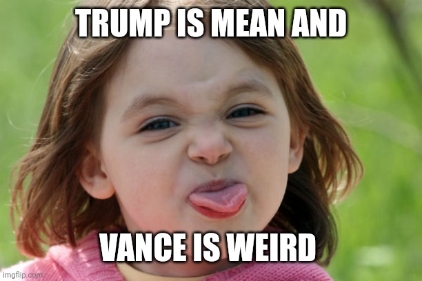 bratty kid tongue out razz raspberry | TRUMP IS MEAN AND VANCE IS WEIRD | image tagged in bratty kid tongue out razz raspberry | made w/ Imgflip meme maker