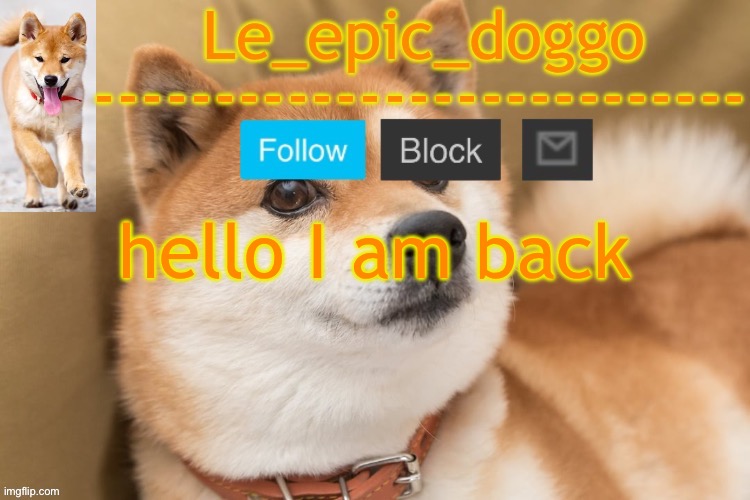 epic doggo's temp back in old fashion | hello I am back | image tagged in epic doggo's temp back in old fashion | made w/ Imgflip meme maker