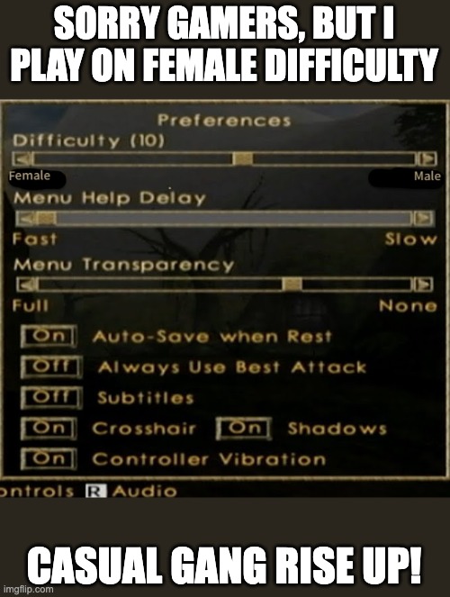 SORRY GAMERS, BUT I PLAY ON FEMALE DIFFICULTY; CASUAL GANG RISE UP! | image tagged in female,morrowind,rpg,funny,gaming,meme | made w/ Imgflip meme maker