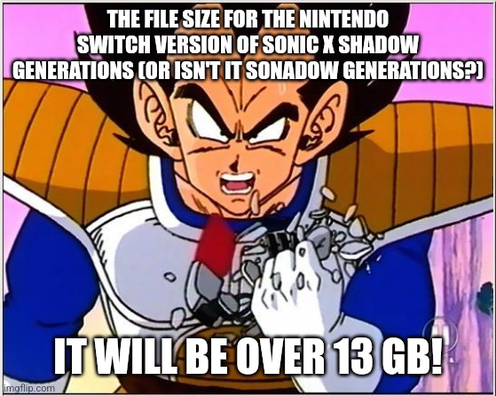 Vegeta over 9000 | THE FILE SIZE FOR THE NINTENDO SWITCH VERSION OF SONIC X SHADOW GENERATIONS (OR ISN'T IT SONADOW GENERATIONS?); IT WILL BE OVER 13 GB! | image tagged in vegeta over 9000,sonic generations,nintendo switch | made w/ Imgflip meme maker