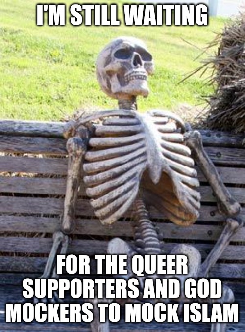 They won't touch Islam because they know they can get away with it with Christians only. Islam would behead them. | I'M STILL WAITING; FOR THE QUEER SUPPORTERS AND GOD MOCKERS TO MOCK ISLAM | image tagged in memes,waiting skeleton | made w/ Imgflip meme maker