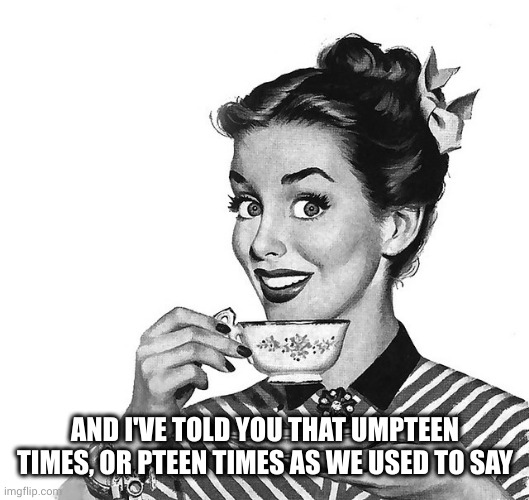 Retro woman teacup | AND I'VE TOLD YOU THAT UMPTEEN TIMES, OR PTEEN TIMES AS WE USED TO SAY | image tagged in retro woman teacup | made w/ Imgflip meme maker