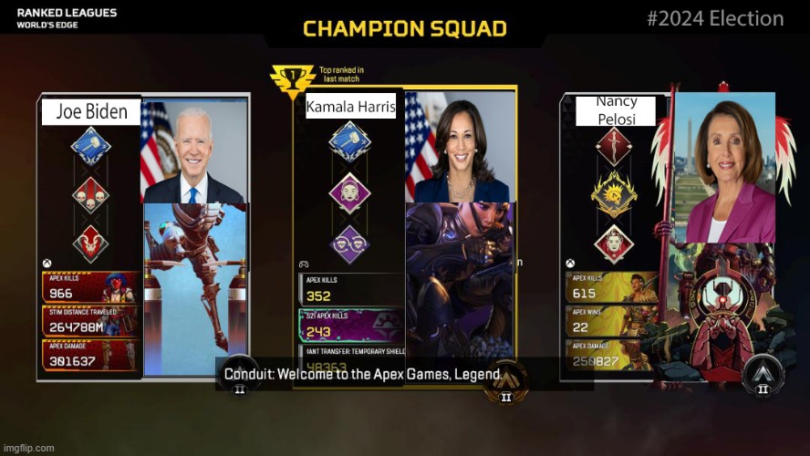 Your Champion Squad in Politics | image tagged in apex legends,2024 election,election 2024,politics,memes | made w/ Imgflip meme maker