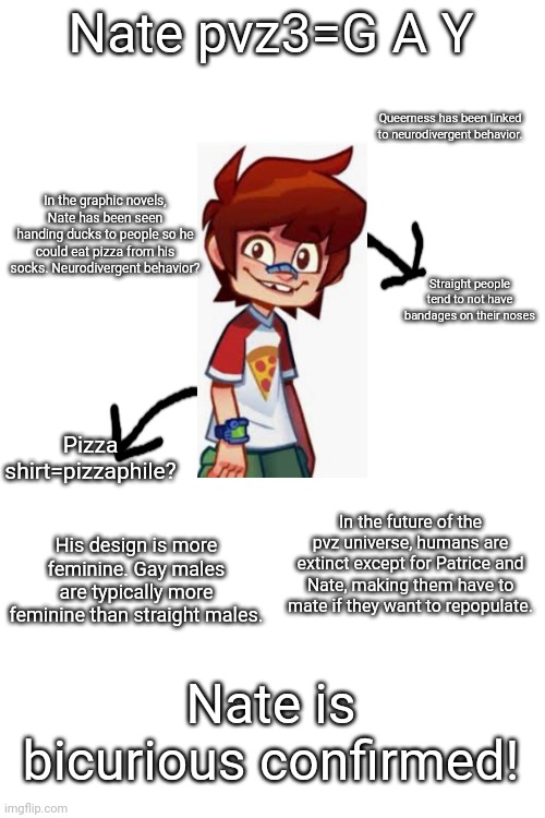 Alternate theory in comments. | Nate pvz3=G A Y; Queerness has been linked to neurodivergent behavior. In the graphic novels, Nate has been seen handing ducks to people so he could eat pizza from his socks. Neurodivergent behavior? Straight people tend to not have bandages on their noses; Pizza shirt=pizzaphile? In the future of the pvz universe, humans are extinct except for Patrice and Nate, making them have to mate if they want to repopulate. His design is more feminine. Gay males are typically more feminine than straight males. Nate is bicurious confirmed! | image tagged in pvz,3 | made w/ Imgflip meme maker