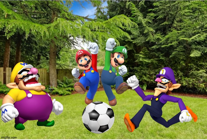 Wario dies by Waluigi accidentally kicking the Soccer ball right into Wario's nuts while playing in the backyard | image tagged in sunny backyard,super mario,wario dies | made w/ Imgflip meme maker