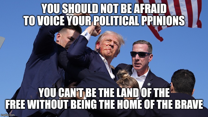 Trump shot | YOU SHOULD NOT BE AFRAID TO VOICE YOUR POLITICAL PPINIONS; YOU CAN'T BE THE LAND OF THE FREE WITHOUT BEING THE HOME OF THE BRAVE | image tagged in stay strong trump | made w/ Imgflip meme maker