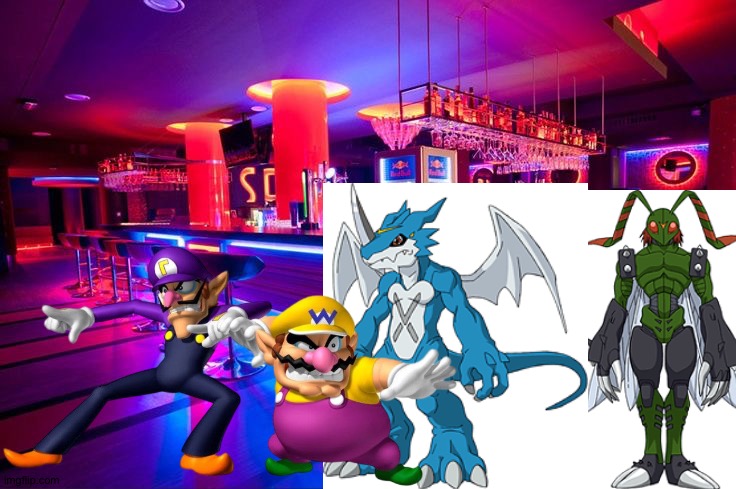 Wario and Waluigi dies by getting into a fight with Exveemon and Stingmon in a Night club | image tagged in night club background,crossover,digimon,wario dies,waluigi | made w/ Imgflip meme maker