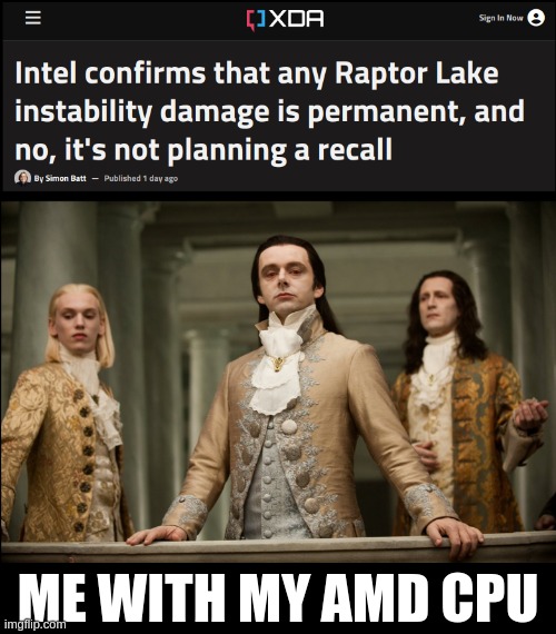 The techbros at Microcenter laughed at my rainbow rig but who is laughing now? Intel 13th and 14th gen cpus are affected | ME WITH MY AMD CPU | image tagged in technology | made w/ Imgflip meme maker