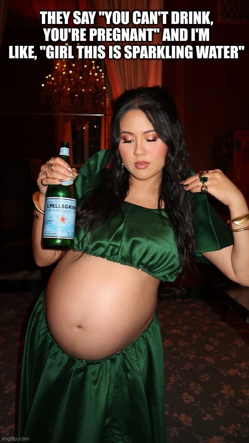 Gotta stay hydrated | THEY SAY "YOU CAN'T DRINK, YOU'RE PREGNANT" AND I'M LIKE, "GIRL THIS IS SPARKLING WATER" | image tagged in pregnant,drinking,sparkling water,party | made w/ Imgflip meme maker