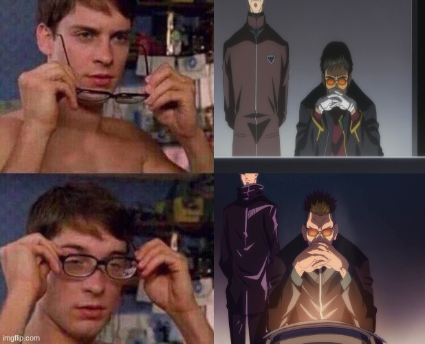 Only half way done Jujutsu Kaisen and this still sticks out in my mind | image tagged in spiderman glasses,jujutsu kaisen,anime,reference,neon genesis evangelion,evangelion | made w/ Imgflip meme maker