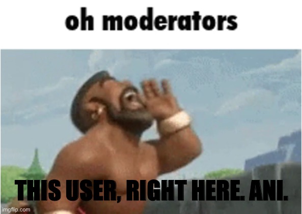 OH MODERATORS | THIS USER, RIGHT HERE. ANI. | image tagged in oh moderators | made w/ Imgflip meme maker