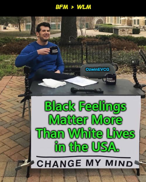 BFM > WLM [NV] | BFM > WLM; OzwinEVCG; Black Feelings 

Matter More 

Than White Lives 

in the USA. | image tagged in democratic party,black lives matter,republican party,white lives matter,invasion of the mind snatchers,msm lies | made w/ Imgflip meme maker