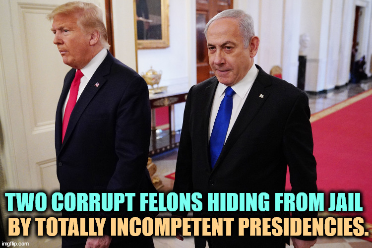 The Perennial Alibi Twins, always blaming someone else for their failures. | TWO CORRUPT FELONS HIDING FROM JAIL; BY TOTALLY INCOMPETENT PRESIDENCIES. | image tagged in trump netanyahu two up on felony charges,trump,netanyahu,corrupt,felonies,incompetence | made w/ Imgflip meme maker