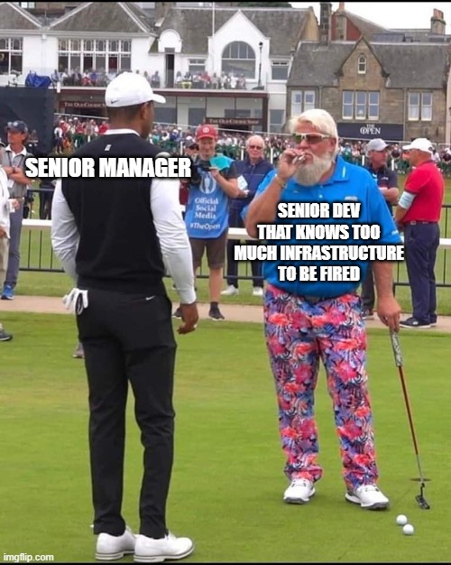 "yes, I am aware we have a dress code. Thanks for asking" | SENIOR MANAGER; SENIOR DEV THAT KNOWS TOO MUCH INFRASTRUCTURE TO BE FIRED | image tagged in john daly and tiger woods | made w/ Imgflip meme maker