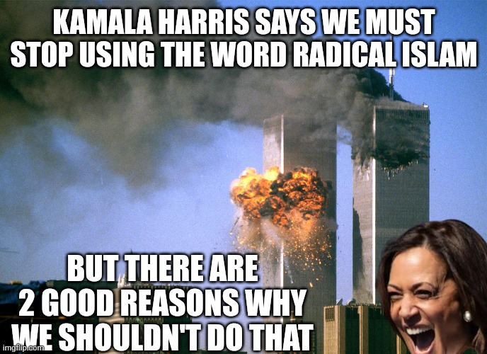 Harris Truth #2.  Harris loves renaming things, including sworn enemies? | KAMALA HARRIS SAYS WE MUST STOP USING THE WORD RADICAL ISLAM; BUT THERE ARE 2 GOOD REASONS WHY WE SHOULDN'T DO THAT | image tagged in 911 9/11 twin towers impact,kamala harris,names,liberal hypocrisy,democratic party,stupid people | made w/ Imgflip meme maker