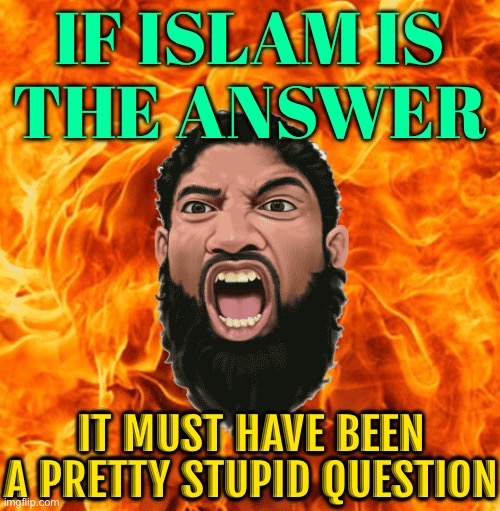 If Islam Is The Answer, It Must Have Been A Pretty Stupid Question | IF ISLAM IS
THE ANSWER; IT MUST HAVE BEEN A PRETTY STUPID QUESTION | image tagged in rage muslim,islam,islamophobia,anti-religion,abrahamic religions,the abrahamic god | made w/ Imgflip meme maker