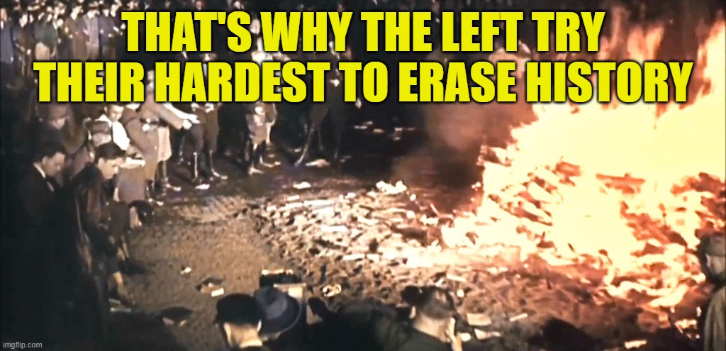 Book burning | THAT'S WHY THE LEFT TRY THEIR HARDEST TO ERASE HISTORY | image tagged in book burning | made w/ Imgflip meme maker