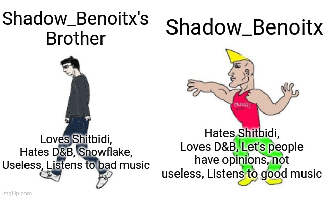 Virgin vs Chad | Shadow_Benoitx's Brother Shadow_Benoitx Loves Shitbidi, Hates D&B, Snowflake, Useless, Listens to bad music Hates Shitbidi, Loves D&B, Let's | image tagged in virgin vs chad | made w/ Imgflip meme maker