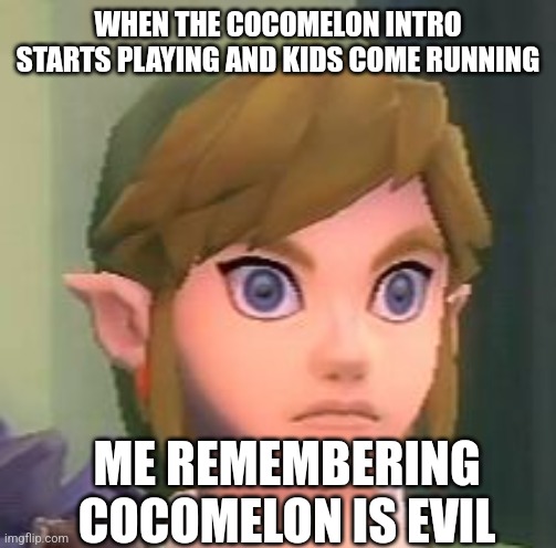 So Lila decided to make me remember this thought when the Cocomelon intro plays | WHEN THE COCOMELON INTRO STARTS PLAYING AND KIDS COME RUNNING; ME REMEMBERING COCOMELON IS EVIL | image tagged in link shock,fun,cocomelon,memes,funny memes,the legend of zelda | made w/ Imgflip meme maker