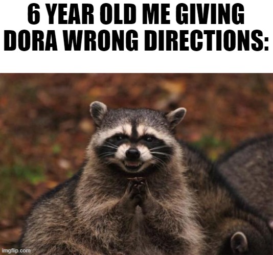 I'M SO EVIL | 6 YEAR OLD ME GIVING DORA WRONG DIRECTIONS: | image tagged in evil genius racoon,memes | made w/ Imgflip meme maker