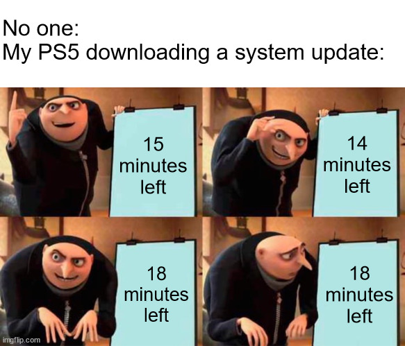 System update | No one:
My PS5 downloading a system update:; 15 minutes left; 14 minutes left; 18 minutes left; 18 minutes left | image tagged in white header,memes,gru's plan,playstation,ps5 | made w/ Imgflip meme maker
