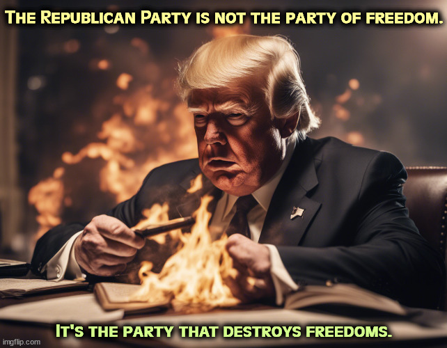 The Republican Party is not the party of freedom. It's the party that destroys freedoms. | image tagged in trump,republican party,destroy,freedom | made w/ Imgflip meme maker