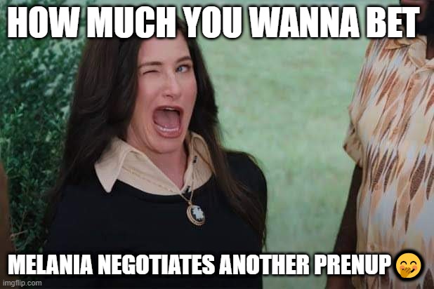 Melania's choice | HOW MUCH YOU WANNA BET; MELANIA NEGOTIATES ANOTHER PRENUP🤭 | image tagged in wandavision agnes wink,melania must chose | made w/ Imgflip meme maker