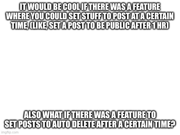 Blank White Template | IT WOULD BE COOL IF THERE WAS A FEATURE WHERE YOU COULD SET STUFF TO POST AT A CERTAIN TIME, (LIKE, SET A POST TO BE PUBLIC AFTER 1 HR); ALSO WHAT IF THERE WAS A FEATURE TO SET POSTS TO AUTO DELETE AFTER A CERTAIN TIME? | image tagged in blank white template | made w/ Imgflip meme maker