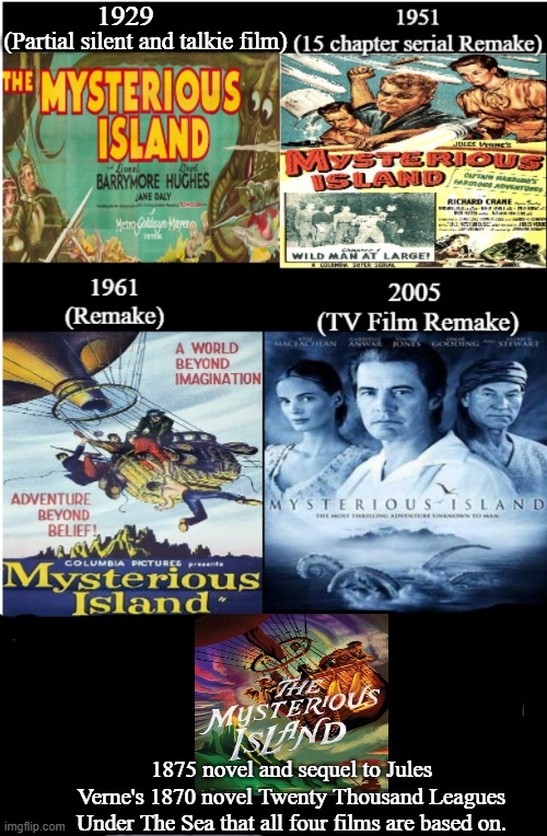 The Mysterious Island | 1929; (Partial silent and talkie film); 1875 novel and sequel to Jules Verne's 1870 novel Twenty Thousand Leagues Under The Sea that all four films are based on. | image tagged in the mysterious island,twenty thousand leagues under the sea,captain nemo,jules verne,google images,memes | made w/ Imgflip meme maker