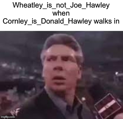 Doing this with your newer username :3 | Wheatley_is_not_Joe_Hawley when Cornley_is_Donald_Hawley walks in | image tagged in x when x walks in | made w/ Imgflip meme maker